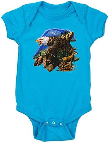 Royal Lion Infant Bodysuit Dark Wildlife Collage Eagle Deer Wolf Bear - Turquoise, 6 to 12 Months