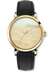 SPRAWL Aanalog Fashion Series Gold Ladies Watches of Genuine Black Leather Strap,Unique Wrist Watch for Women Girls Designed with Sand on the beach