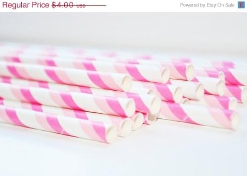 25 Paper Drinking Straws Light and Dark Pink Stripes 7.75" Retro Vintage Style Durable