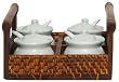 Woven Rattan Rectangle Tray with Four Ceramic 4oz Jam Jars 8 1/2" x 1/2" x 4.5"H