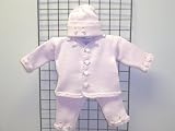 Cpk681, Knitted on Hand Knitting Machine Baby Pink Cotton Finished By Hand Crochet Girls Cardigan Pant Hat Set Trimmed with Satin Rosebuds