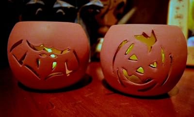 Halloween Terra Cotta Votives with wax tea lights - set of 2