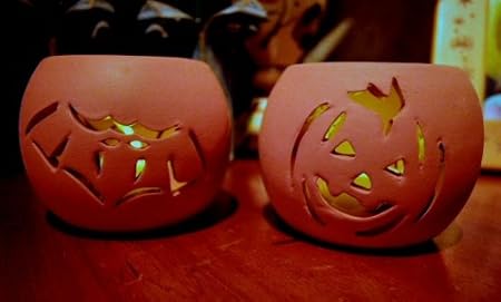 Halloween Terra Cotta Votives with wax tea lights - set of 2