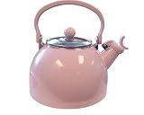 Calypso Basics 2-1/5-Quart Enamel-on-Steel Whistling Teakettle with Glass Lid, Pink