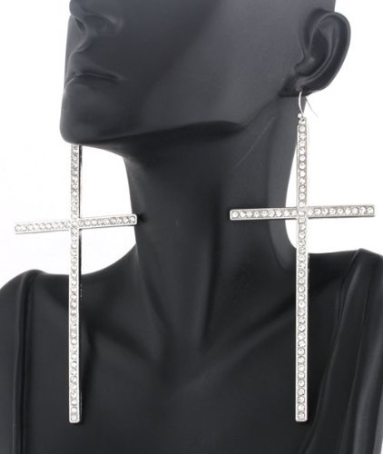 Silvertone with Clear Iced Out Large Elongated Style Cross 5 Inch Dangle Earrings