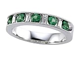 0.90 cts Diamond Baguette and Tsavorite Round Band W/milgrain - Platinum, 18kt White or Yellow Gold