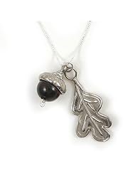 Acorn and Oak Leaf Pendant Necklace, Sterling Silver and Tigers Eye on 18" Sterling Silver Chain