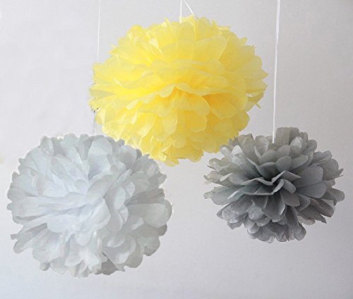 6 Mixed White Gray Yellow Party Tissue Pompoms Paper Flower Pom Poms Wedding Birthday Nursery Baby Room Decoration Favor