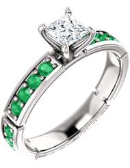 10K White Gold Princess Cut Diamond and Emerald Ring -- LIFETIME WARRANTY