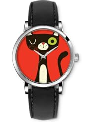 Analog Silver Women Watches Black Leather Wristband - Cute Kitty