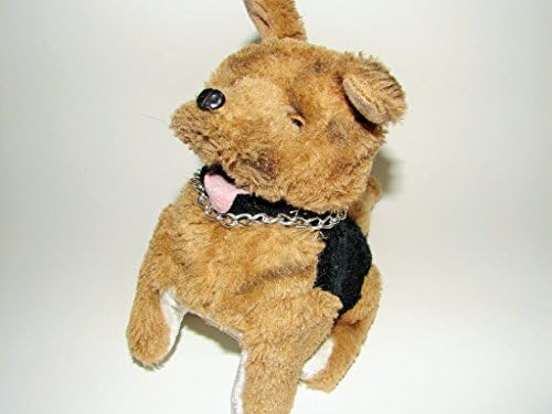 BARKING WALKING LITTLE DOG TOY Yaps Brown Black Puppy w/ Silver Chain 8" plush Stuffed Animal