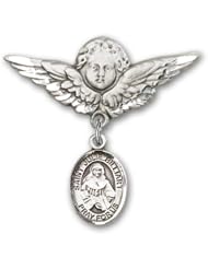 Sterling Silver Baby Badge with St. Julie Billiart Charm and Angel with Wings Badge Pin