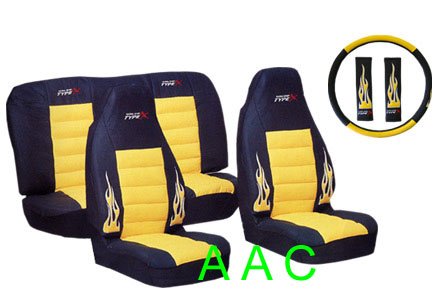 A Set of Universal-fit Type X Racing Style Front Bucket Seat Covers, Bench Seat Cover, Steering Wheel Cover and Shoulder Strap Cover - Yellow