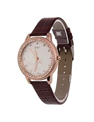 Vktech Fashion Women Wristwatch Stripe Leather Band Alloy Round Face with Crystals (Brown)
