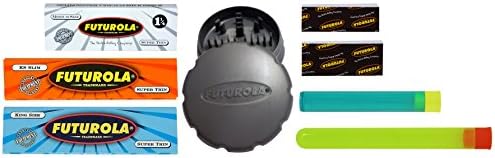 Bundle - 8 Items - Futurola Grinder and Rolling Paper Sampler with Tips and Doob Tubes - Grey
