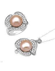 Sterling Silver Pearls and 3.4 CTW Cubic Zirconias Ladies Jewelry Set. Ring Size 9. Length 18 in. Total Item weight 7.0 g.