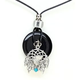 Onyx and Diamond Cut Pewter Pendant Necklace - Wolf Dream Catcher