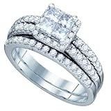 1 1/4 Carat Princess & Round Diamond 14k White Gold Bridal Ring Set