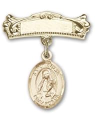 Gold Filled Baby Badge with St. Lucia of Syracuse Charm and Arched Polished Badge Pin