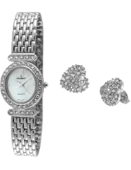 Peugeot Womens 555S Silver-tone Watch & Crystal Accented Earing Gift Set
