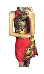 Feathers Fitted Chiffon/Silk High-Neck General Print Sleeveless Mini Dress 
