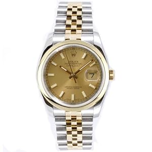 Rolex Mens New Style Heavy Band Stainless Steel & 18K Gold Datejust Model 116203 Jubilee Band Smooth Bezel Champagne Stick Dial