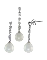 18k White Gold Pendant on 14k White Gold 18 in. Chain & Dangle Earrings Set, w/ .020 Carat Brilliant Cut Diamonds & 9mm White Pearls