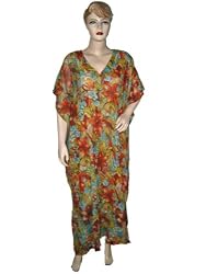 Womens Lounge Wear Gypsy Boho Red Green Lightweight Cotton Kaftan Casual Beach Wear Cover up Caftan Dress