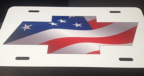 Chevy Bowtie Usa Flag Design on White Aluminum License Plate Tag Novelty