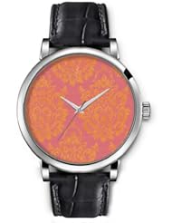 SPRAWL Aanalog Fashion Series Silver Ladies Watches of Genuine Black Leather Strap,Unique Wrist Watch for Women Girls Designed with Old yellow flower on pink background