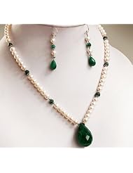 Excellent Single Strand Natural Graceful Pearl & Emerald Drop Beaded Necklace with Free Earrings
