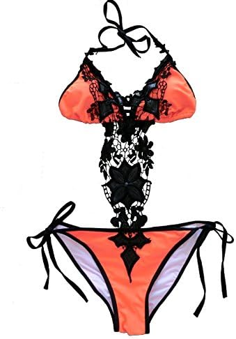 Cocoship Orange Lace Handmade Flower One Piece Bikini Swimsuit Bathing suit L(FBA)