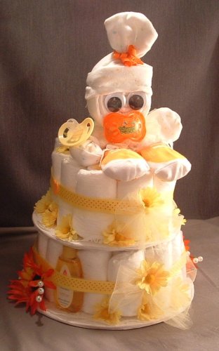 Yellow Orange Sock Baby Shower Gift Centerpiece Diaper Cake