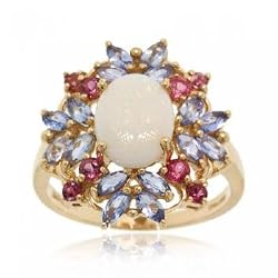 Opal, Tanzanite, Garnet Flower Ring in Yellow Gold