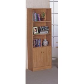 All new item New natural finish wood 4 tier bookcase with bottom cabinet doors by AMBEnterprises.com