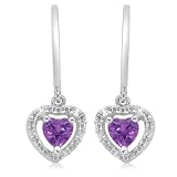 10k White Gold Heart-Shaped Amethyst w  Diamonds Heart Earrings