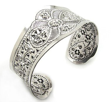 Wide Flower Design Embossed Sterling Silver Cuff Bracelet
