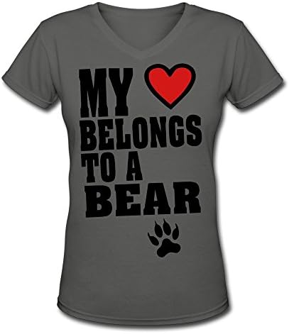 HDJAF Women's MY HEART BELONGS TO A BEAR Short Sleeve V-neck Tshirt DeepHeather S