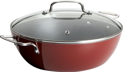 Ingrid Hoffman Simply Delicioso by T-fal C1075464 Nonstick Dishwasher Safe Hard Enamel 5.5-Quart Caldero with Glass Lid Cookware, Red