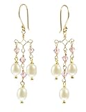 Gold Over Sterling Silver Ear Wire Chandelier Earrings with Crystallized Swarovski Elements Bicone Beads and White Freshwater Cultured Pearls in Birthstone Color Oct. Pink Tourmaline