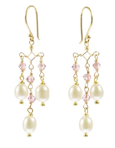 Gold Over Sterling Silver Ear Wire Chandelier Earrings with Crystallized Swarovski Elements Bicone Beads and White Freshwater Cultured Pearls in Birthstone Color Oct. Pink Tourmaline