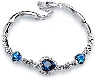 Women Heart Shaped Swarovski Elements Crystal Silver-Tone Plated Bracelet, Royal Blue