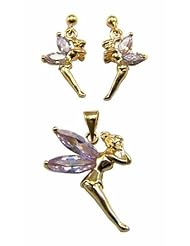 Kala-isjewels- 18ct Gold Plated Ladies Lavender CZ color Fairies Pendant(1") and Earrings (0,78" )Set .
