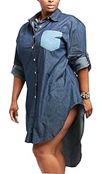 A-line Cotton/Denim Asymmetric Long Sleeves  Shirt Mini Dress 