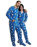 PajamaCity Blue Penguins Print Polar Fleece Drop Seat Footed Pajamas for Teens and Adults