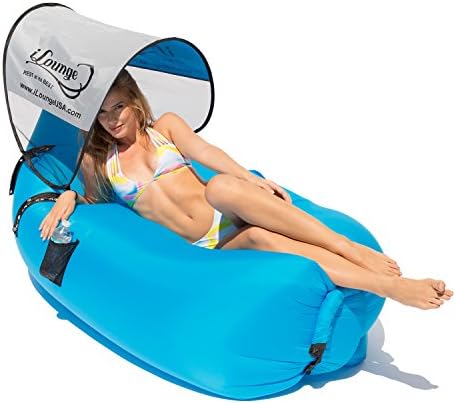 Inflatable Outdoor Lounge Chair, Beach Chair - Waterproof, Portable Sleeper Couch with Mini Canopy, Waterproof Pouch, Bottle Opener &amp; Mesh Side Bag -Blue- By iLounge