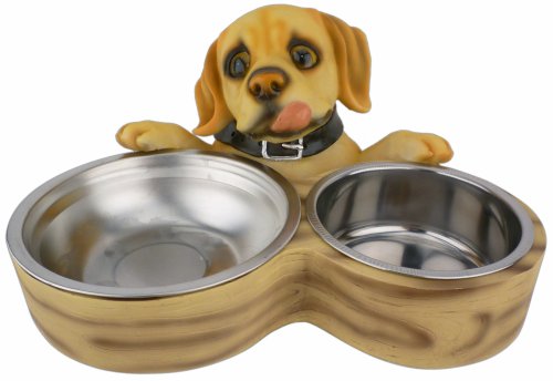 5 inch Broholmer Puppy Figurine Double Diner Metal Dog Food + Water Bowl