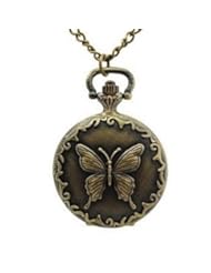 Oulm Womens Pocket Watch Butterfly Shape with Chain Bronze