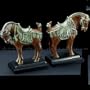 Tang Horse Marblized Brass Patina Bookends on Solid Wood Base