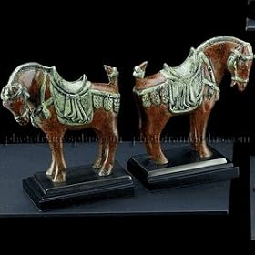 Tang Horse Marblized Brass Patina Bookends on Solid Wood Base by Simple Luxuries
